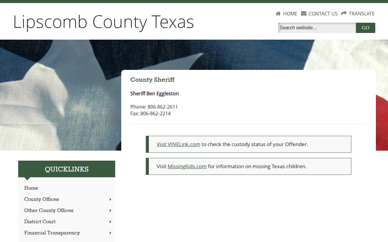 Official Lipscomb County Sheriff page with contact information and VINELink referral