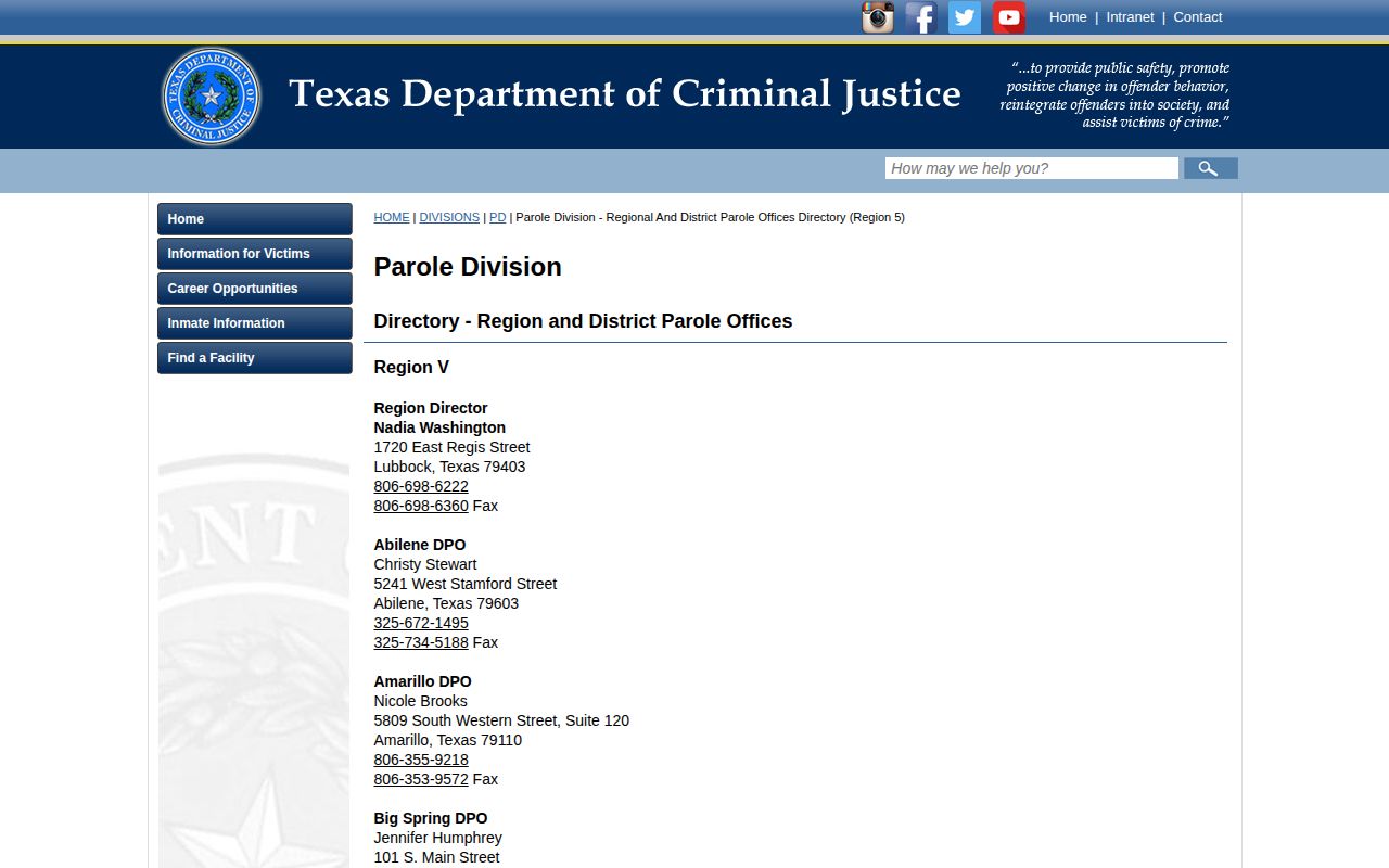 TDCJ Region V directory entry for Amarillo District Parole Office