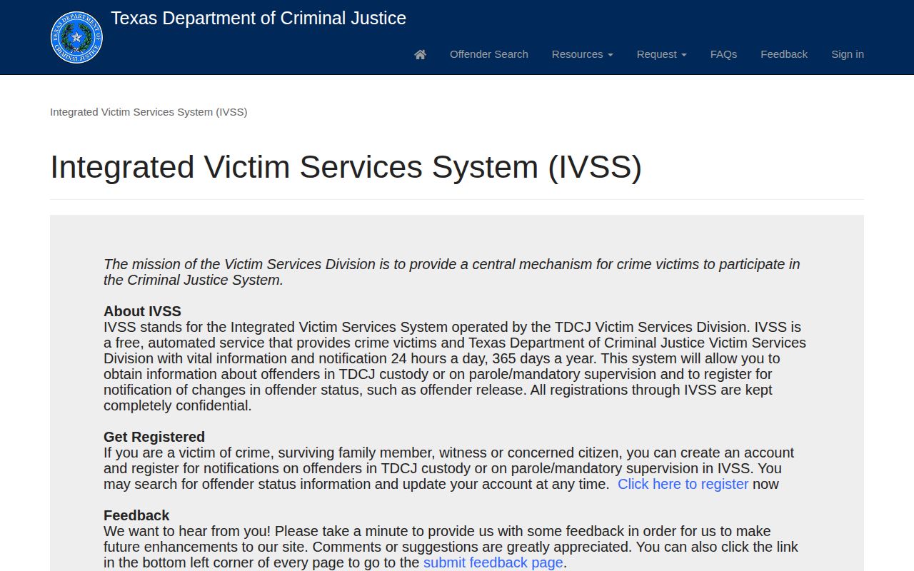 Texas IVSS registration entry for Lipscomb County release notifications